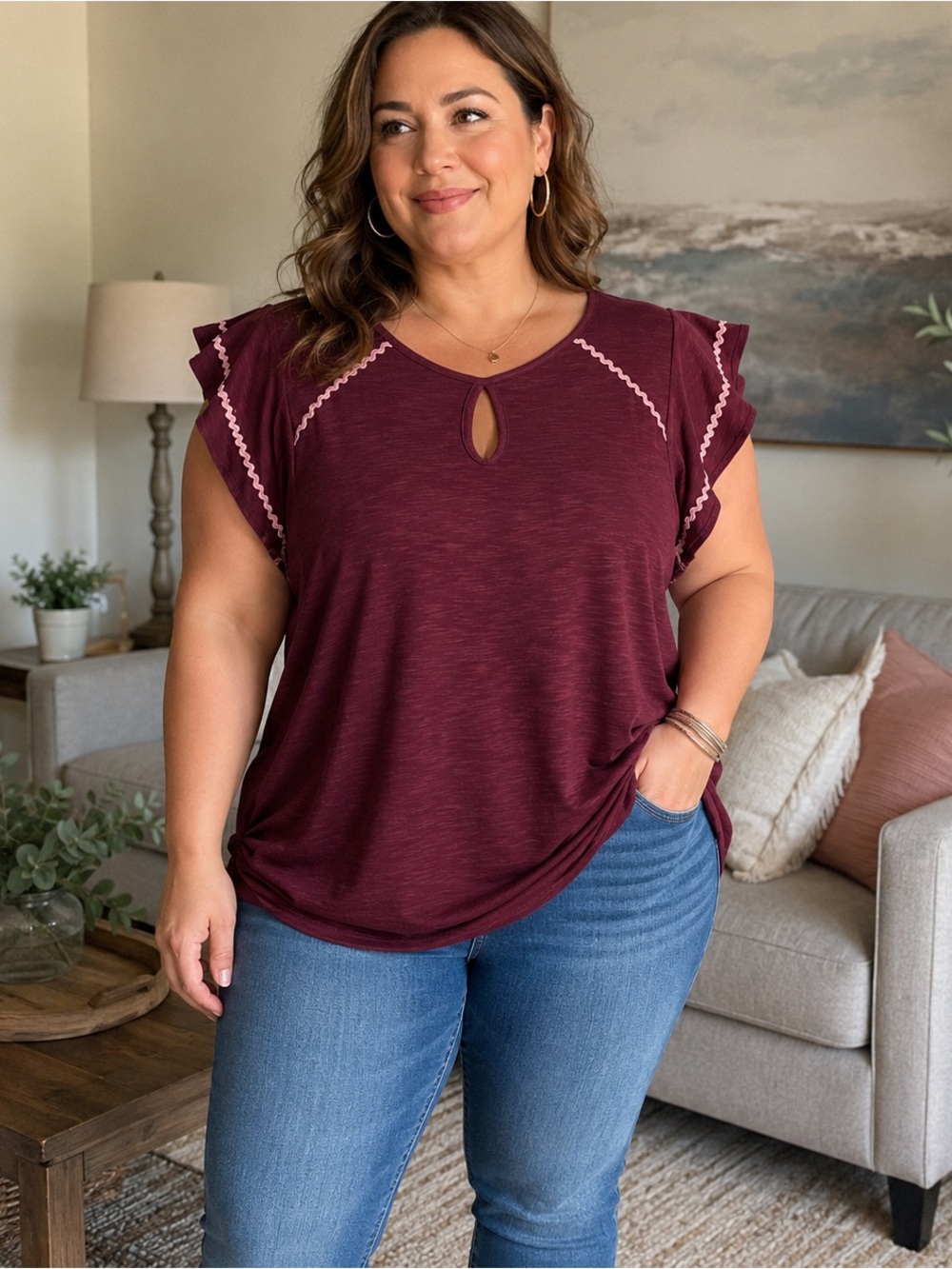 Cure. Burgundy Flutter Sleeve Ruched Hem Top Blouse Size 1X Large